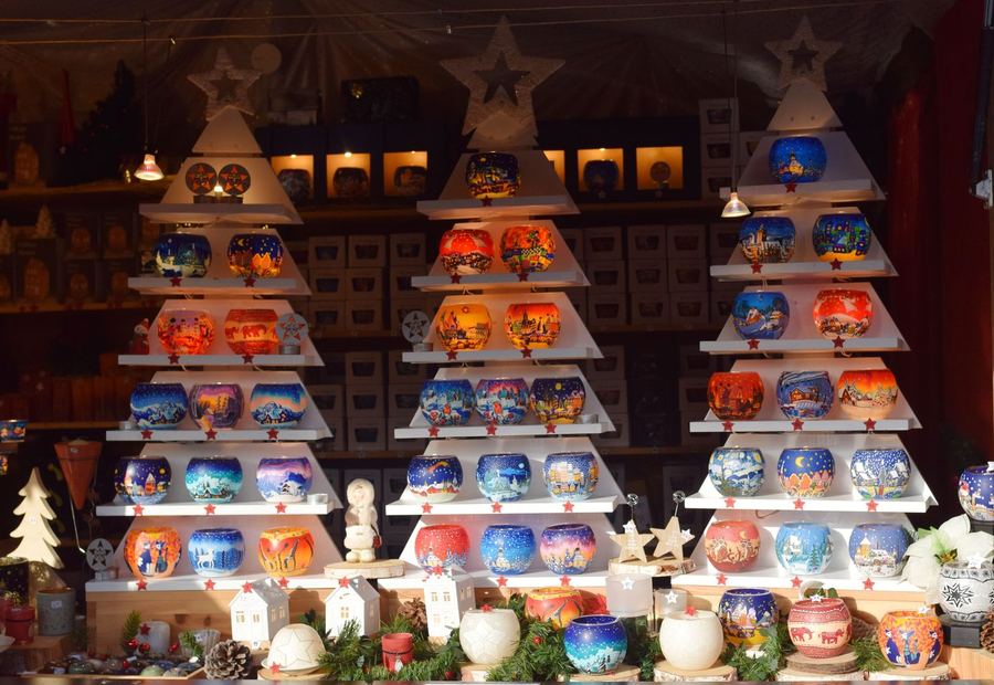 Candle holders on sale at a stall in the Strasbourg Christmas market